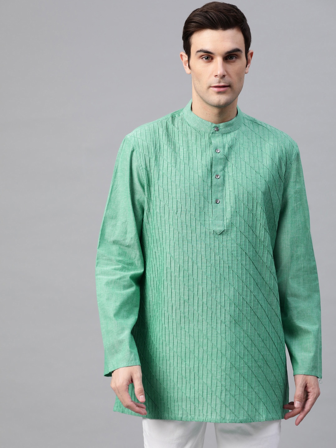 

Fabindia Men Sea Green Self-Striped Panelled Straight Kurta