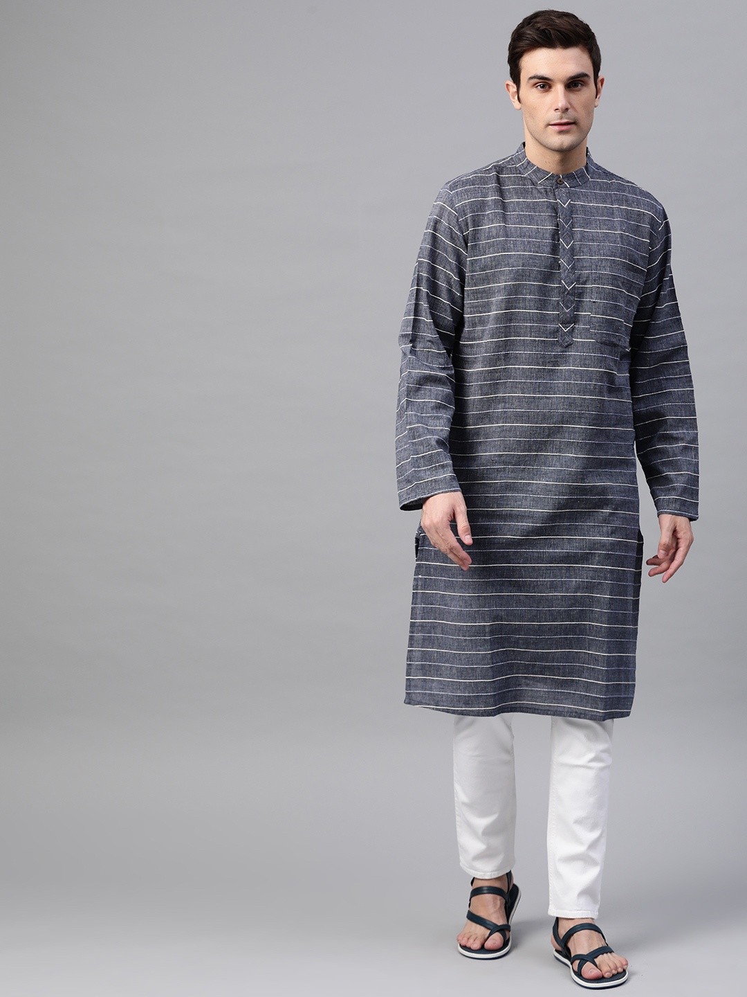 

Fabindia Men Navy Blue & White Striped Slim Fit Straight Kurta