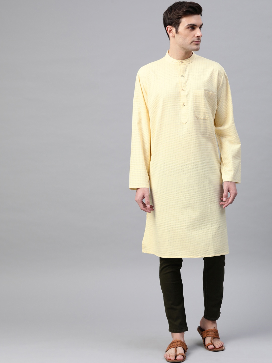 

Fabindia Men Yellow & White Checked Comfort Fit Straight Kurta
