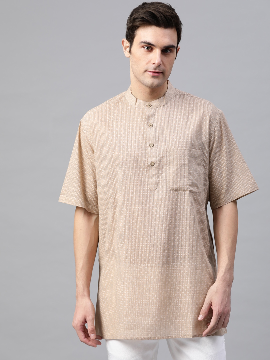 

Fabindia Men Beige & White Printed Cotton Kurta