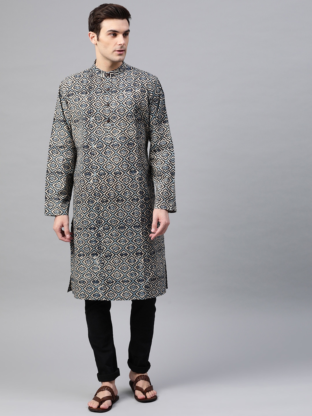 

Fabindia Men Blue & Beige Slim Fit Kalamkari Print Straight Kurta