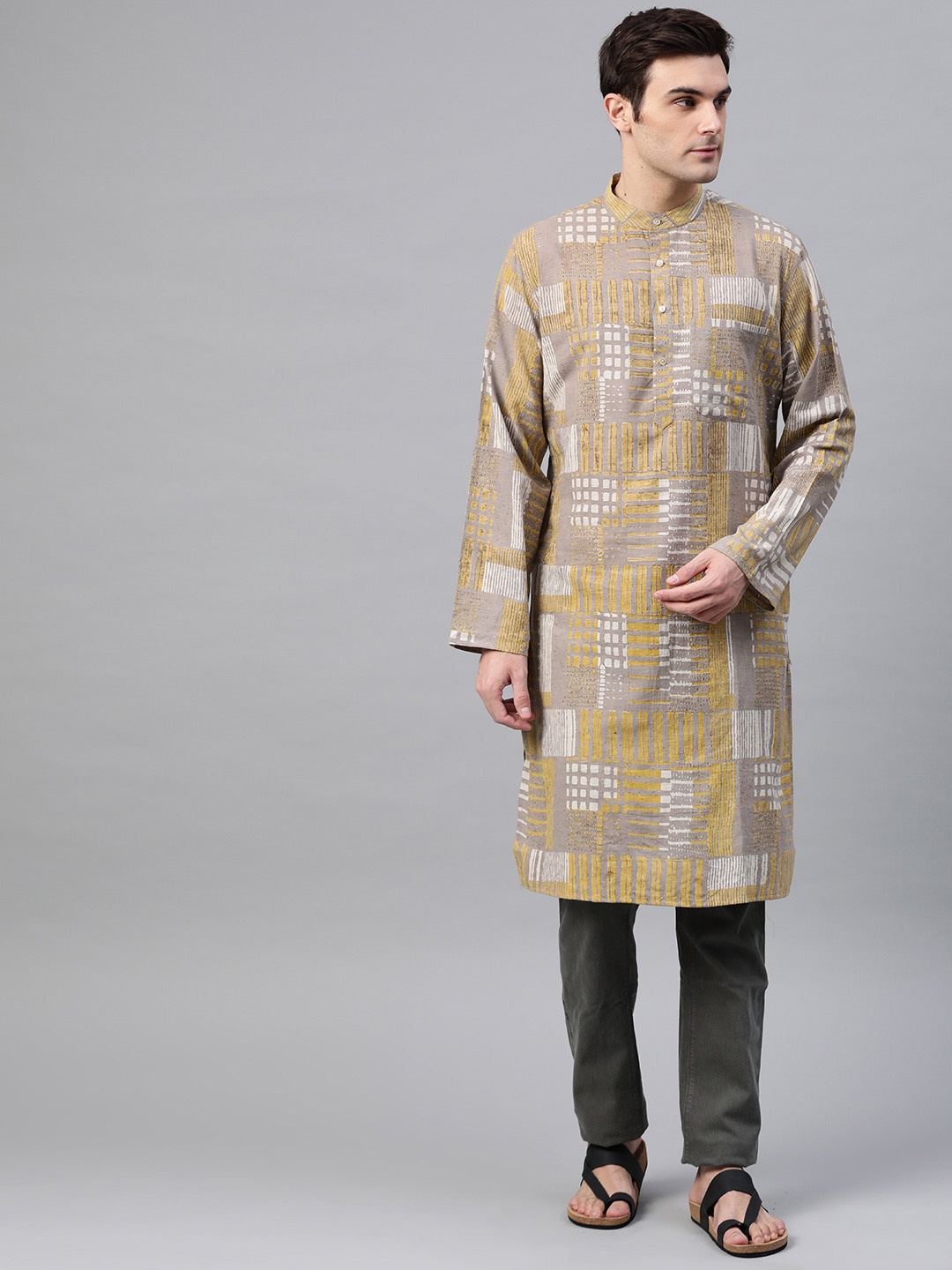 

Fabindia Men Grey & Brown Slim Fit Printed Straight Kurta