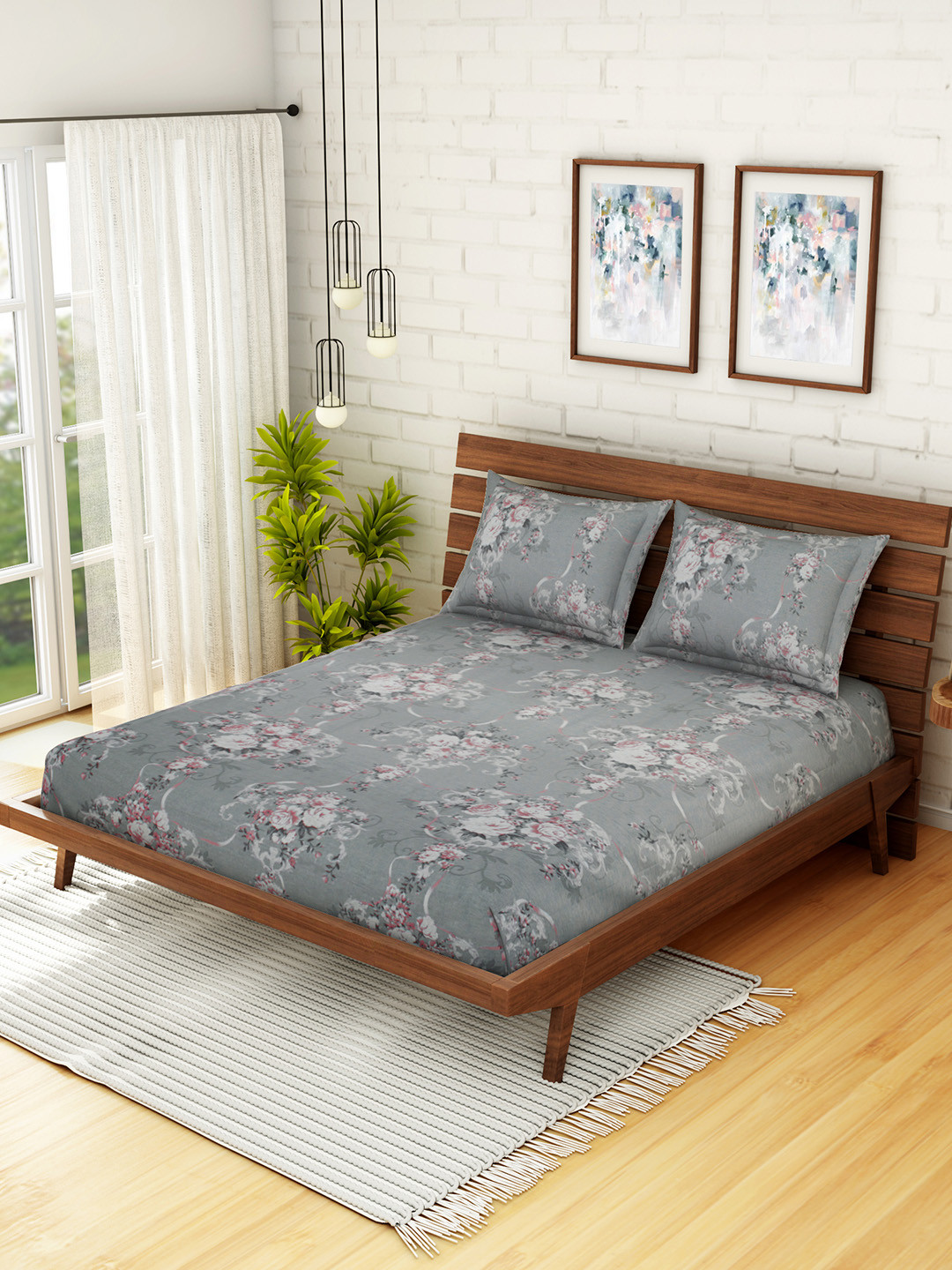 

CORE Designed by SPACES Grey & Pink Floral 210 TC Cotton 1 Queen Bedsheet with 2 Pillow Covers