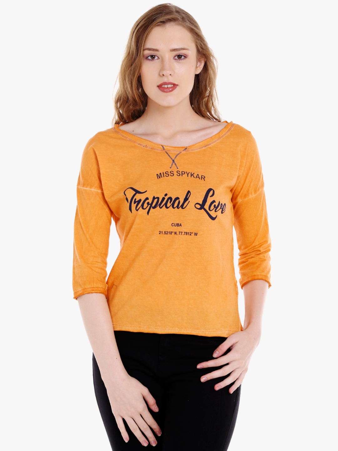 

SPYKAR Women Orange & Black Printed Round Neck T-Shirt
