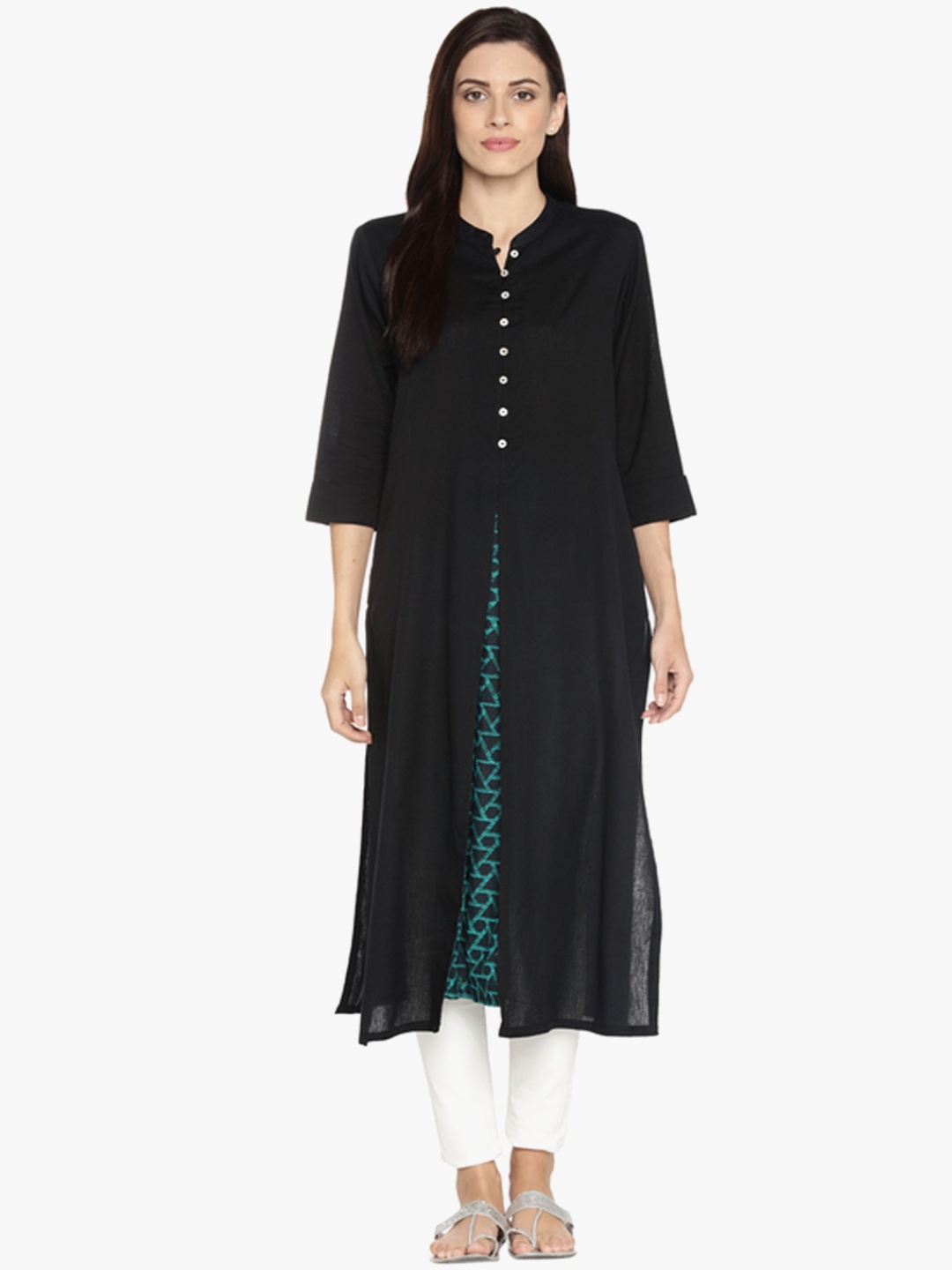 

RANGMANCH BY PANTALOONS Women Black Solid Layered Straight Kurta