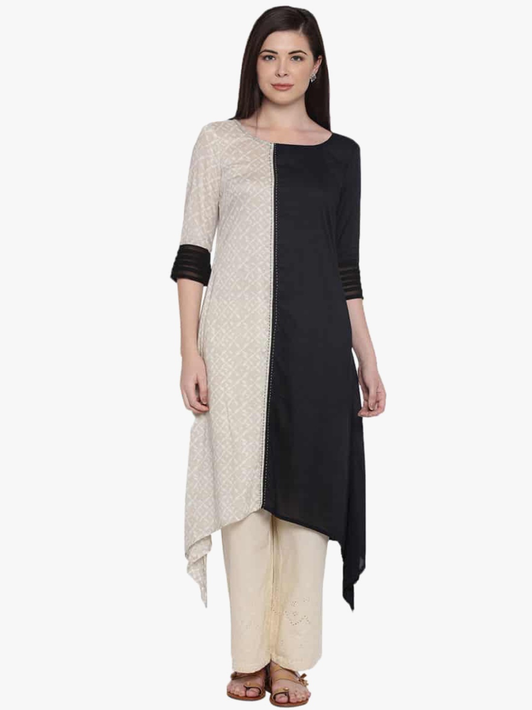 

RANGMANCH BY PANTALOONS Women Black & Beige Colourblocked A-Line Kurta