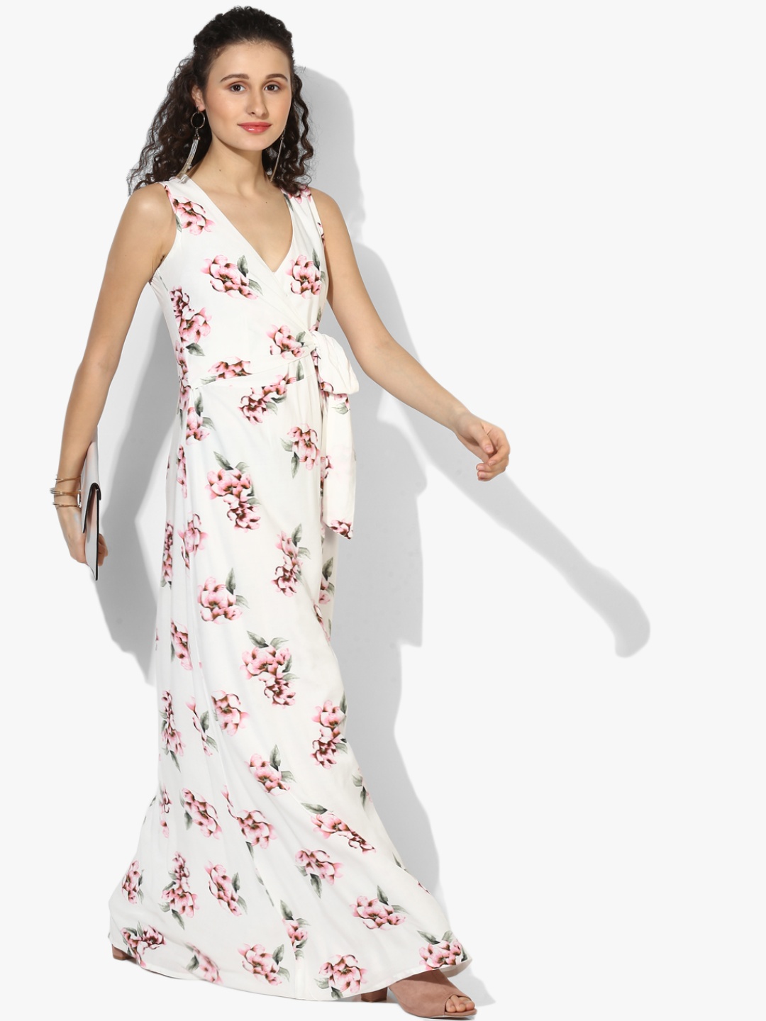 

MIAMINX Women Off White & Pink Printed Maxi Dress