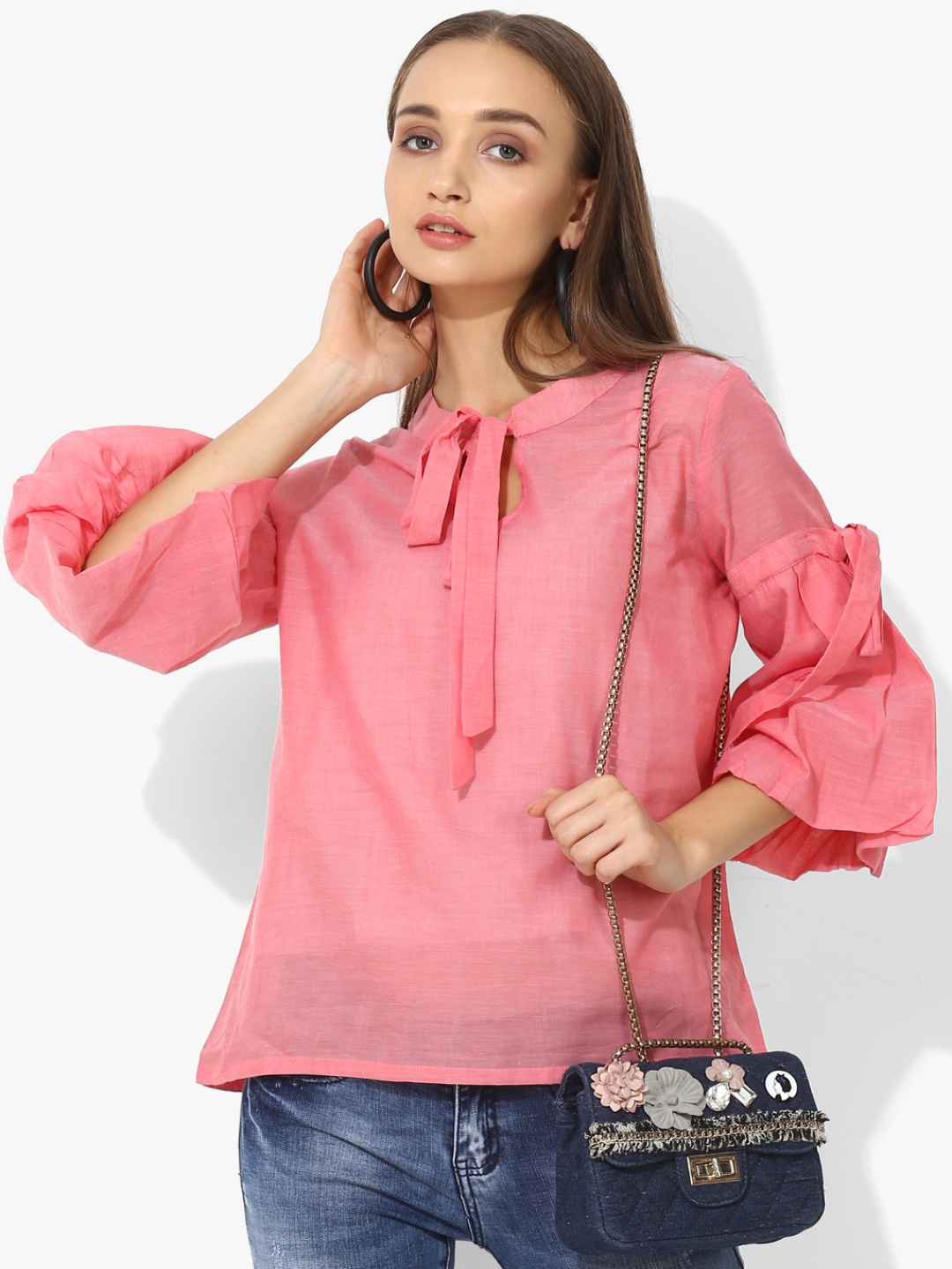 

MIAMINX Women Coral Pink Sheer Puff Sleeves Solid Top