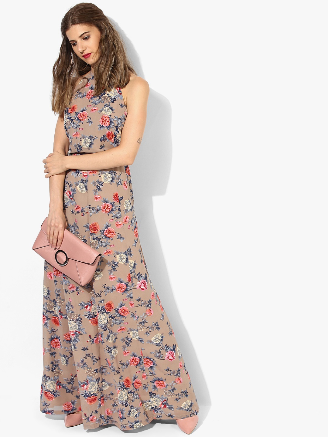 

MIAMINX Women Brown & Peach-Coloured Floral Print Maxi Dress