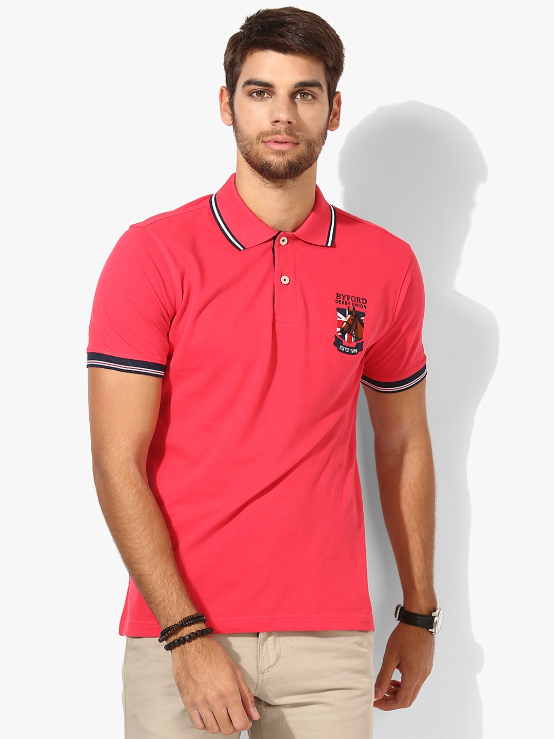 

BYFORD by Pantaloons Men Coral Pink Solid Polo Collar T-Shirt