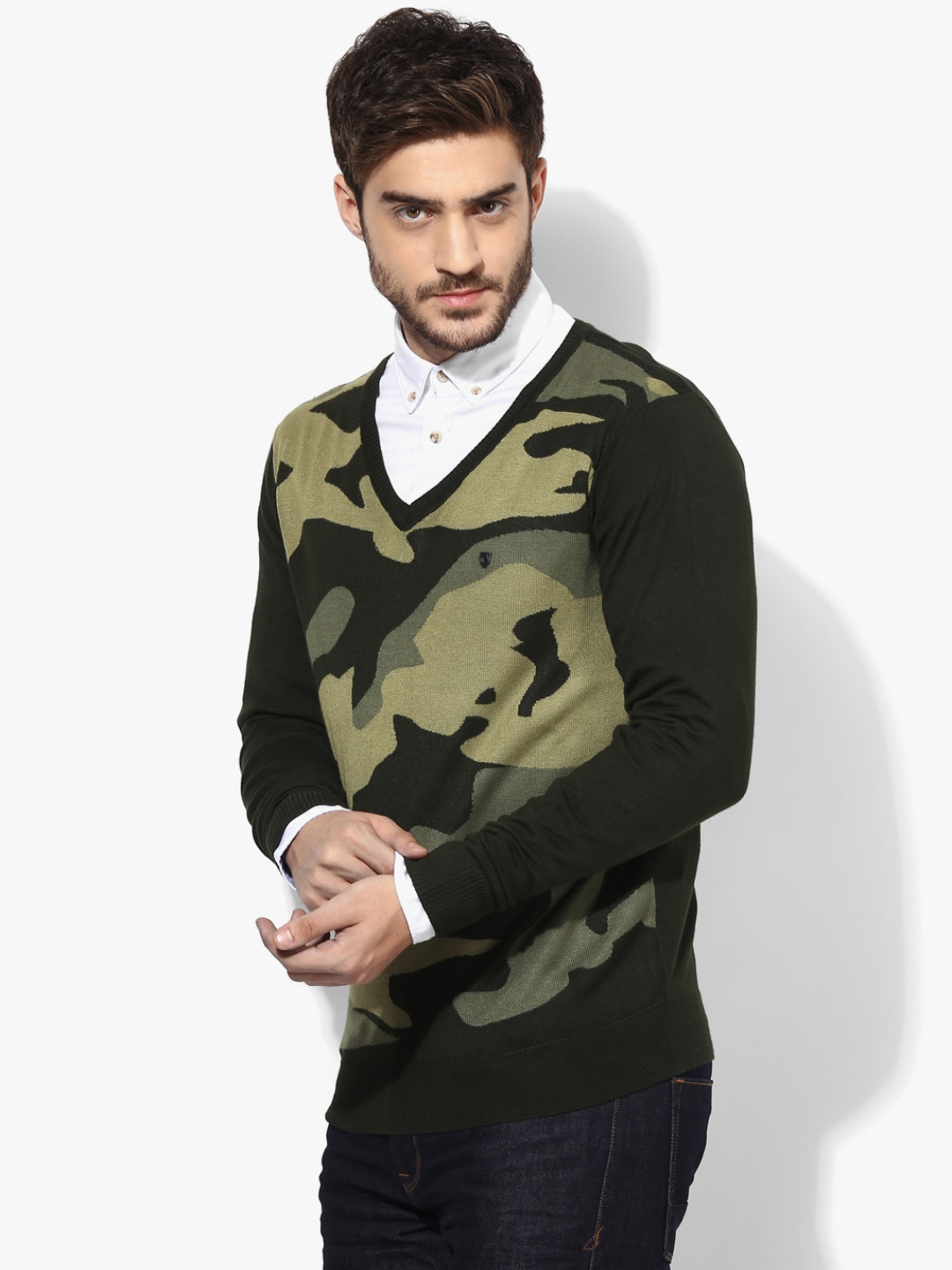 

Blackberrys Men Black & Olive Green Camouflage Pattern Pullover