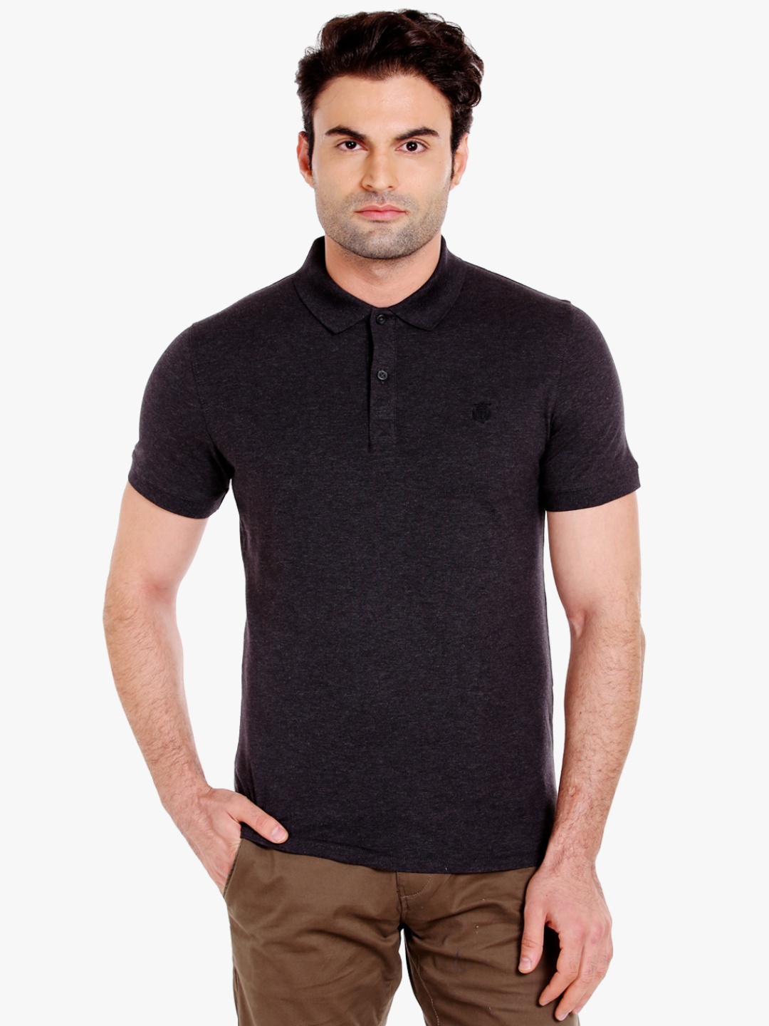 

SELECTED Men Charcoal Grey Grindle Effect Slim Fit Polo Collar T-shirt