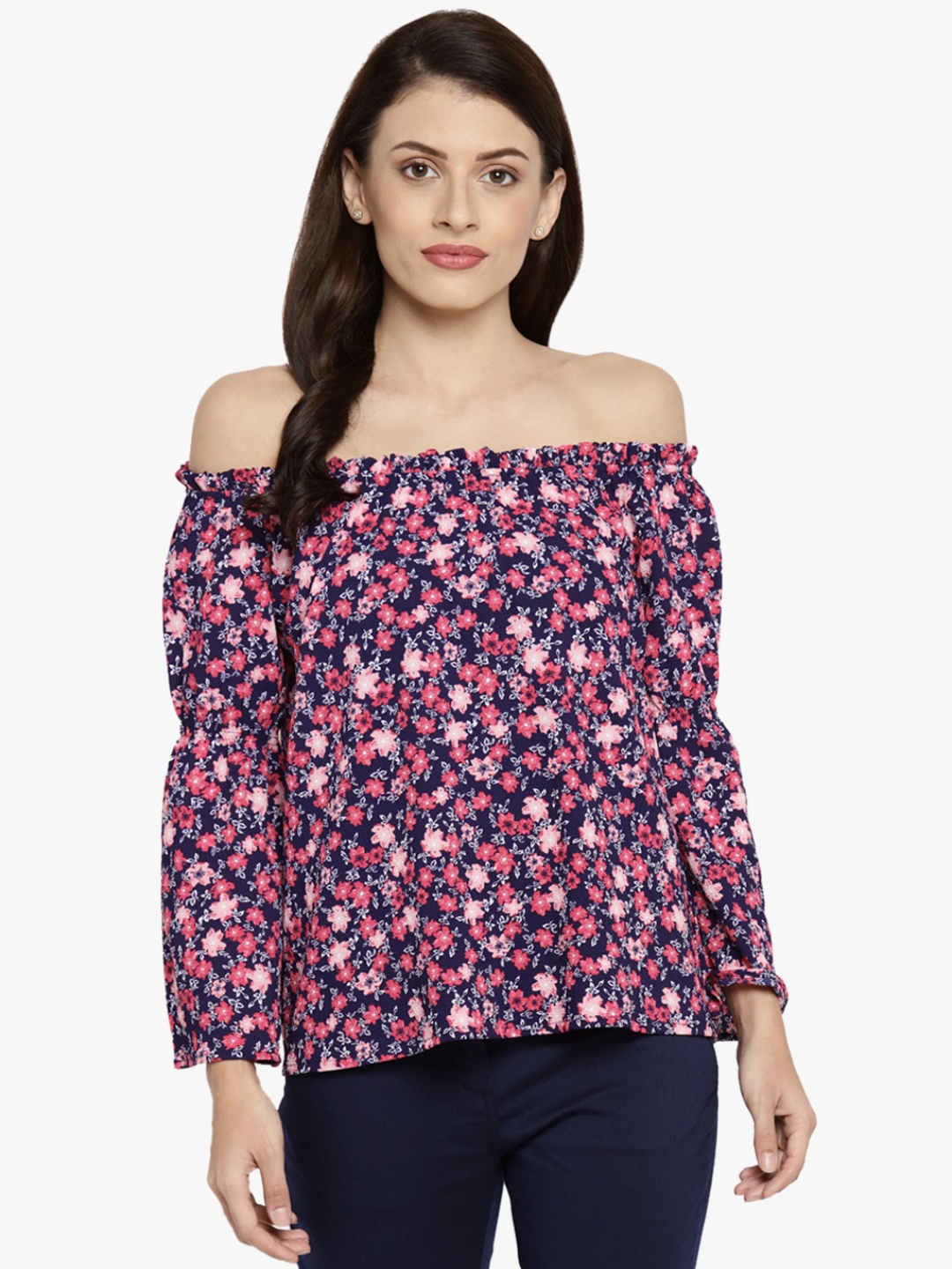 

Honey by Pantaloons Women Navy Blue & Pink Ditsy Floral Print Bardot Top