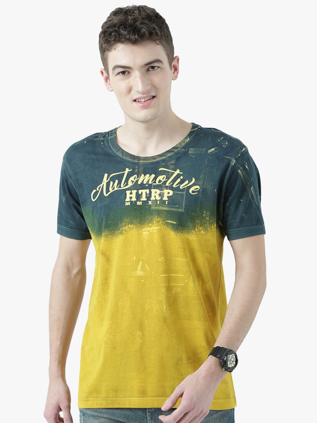 

Huetrap Men Yellow & Teal Green Dyed & Printed Round Neck T-shirt