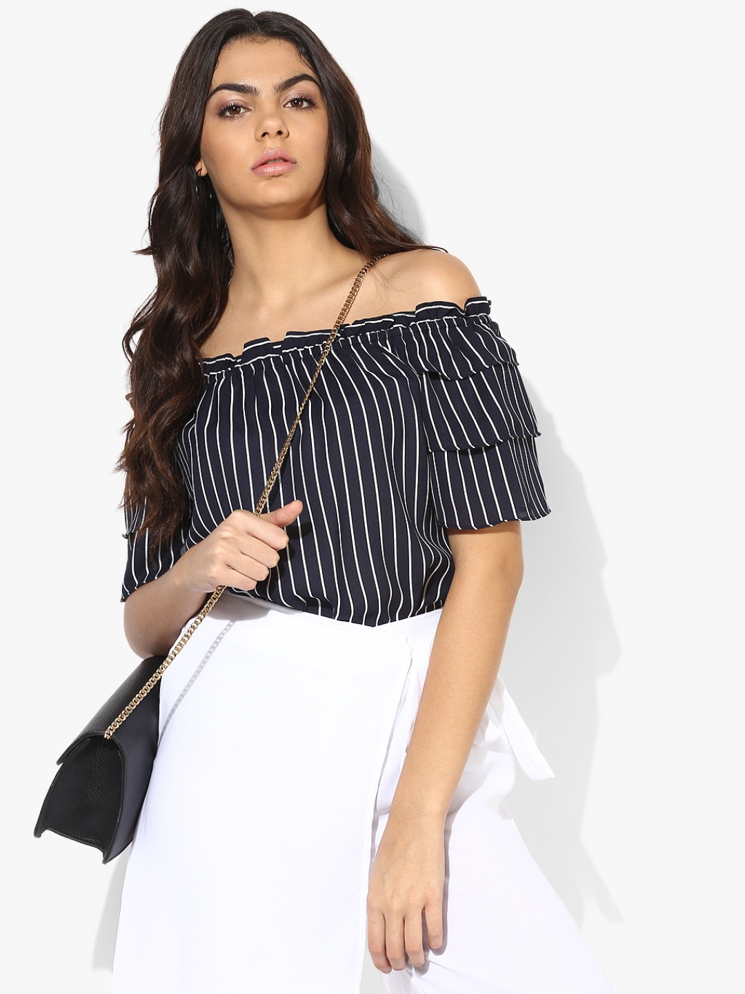 

Honey by Pantaloons Women Navy Blue & White Striped Bardot Top