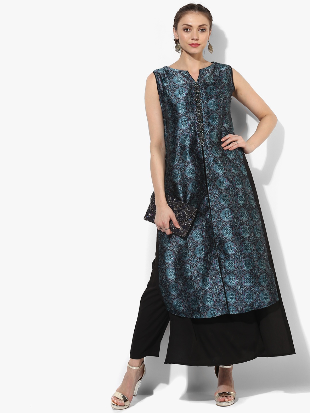 

GQ Women Teal Blue & Black Printed Layered A-Line Kurta