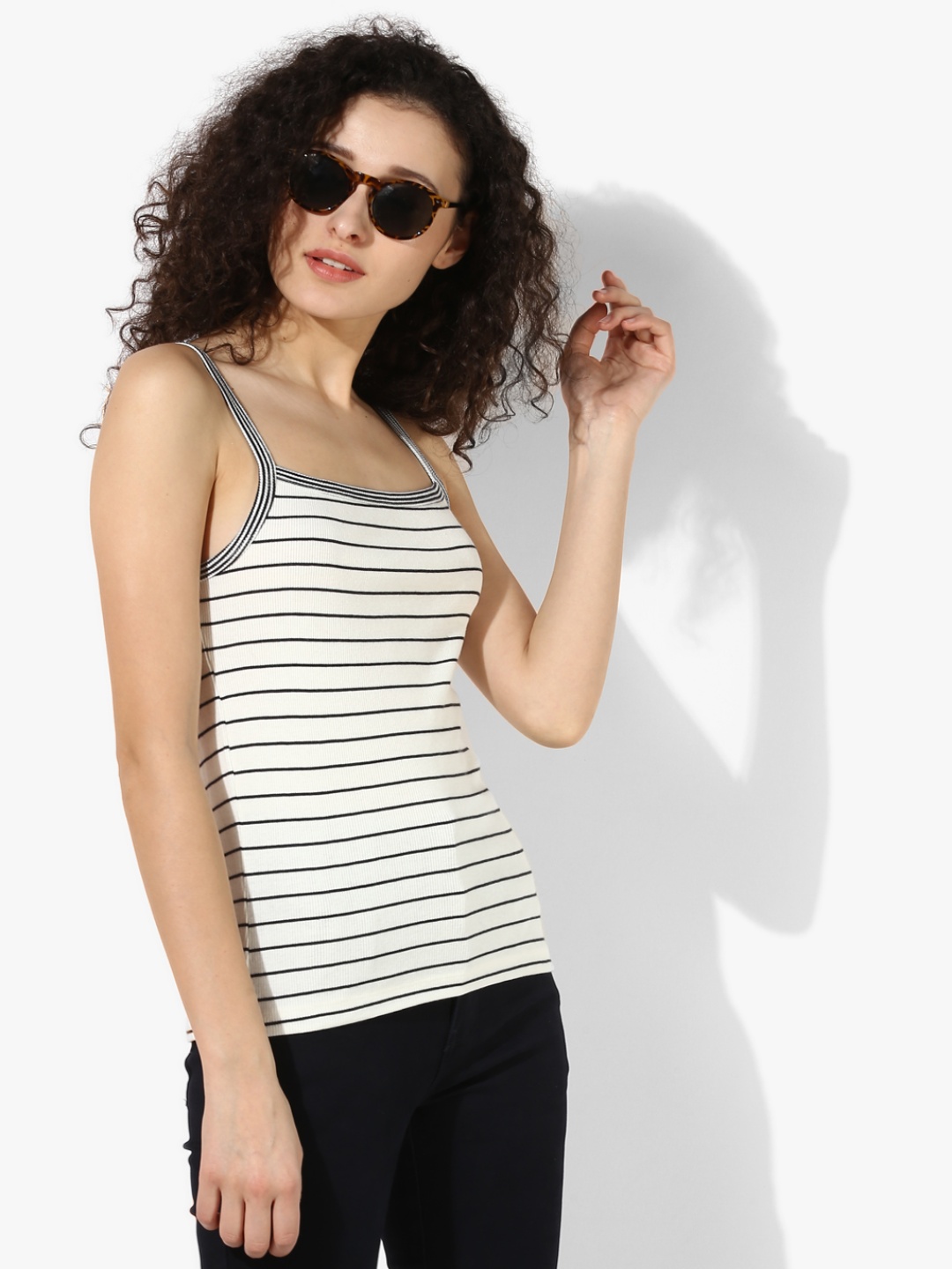

ONLY Women Cream-Coloured & Black Striped Fitted Top