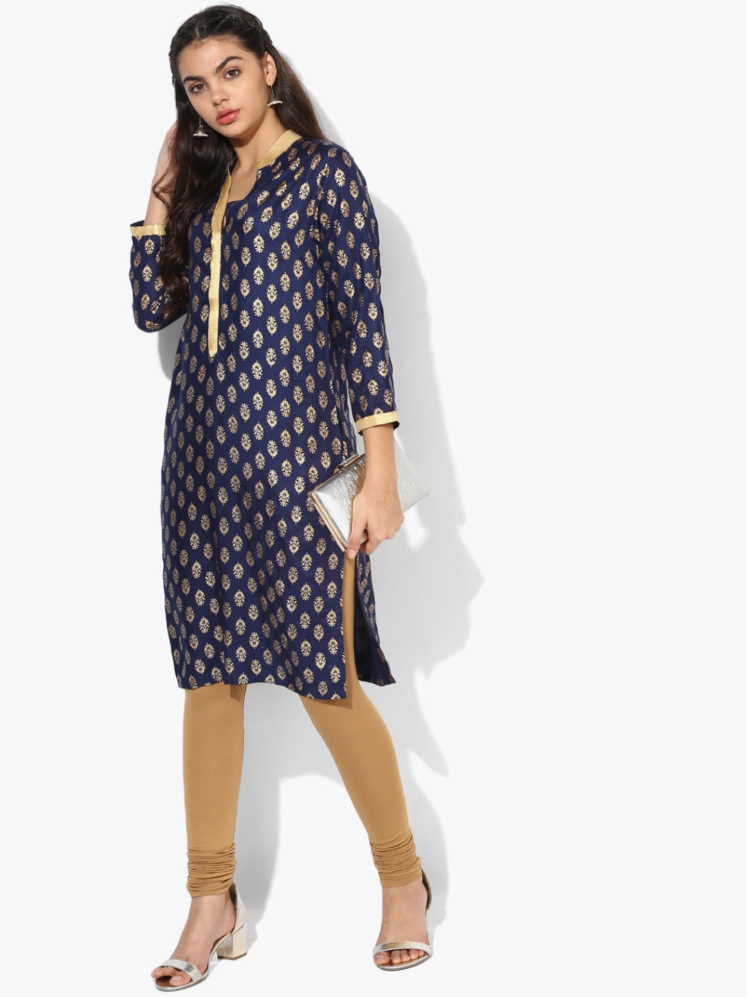 

GQ Women Navy Blue & Gold-Toned Printed Straight Kurta