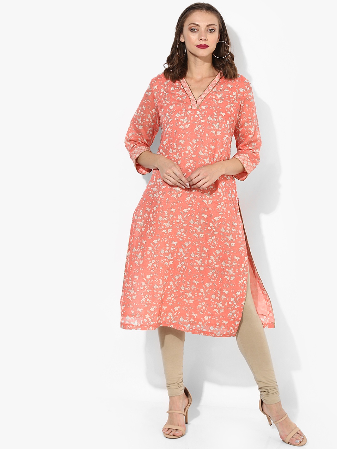 

Biba Women Peach-Coloured & White Printed Straight Kurta