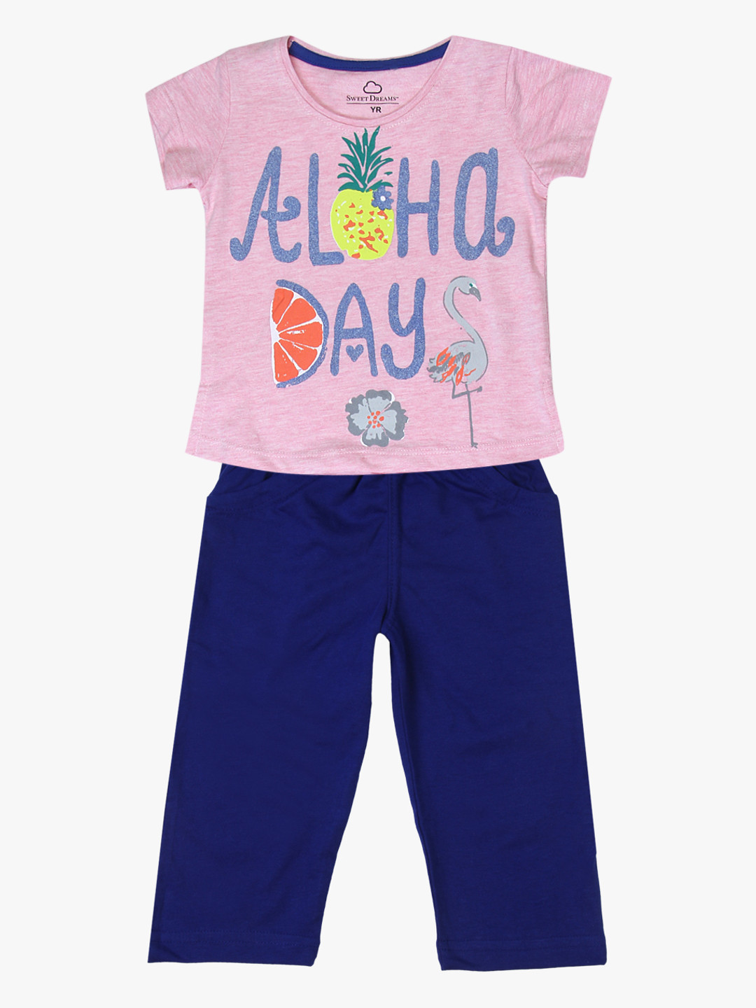 

Sweet Dreams Girls Pink & Blue Printed T-shirt with Pyjamas