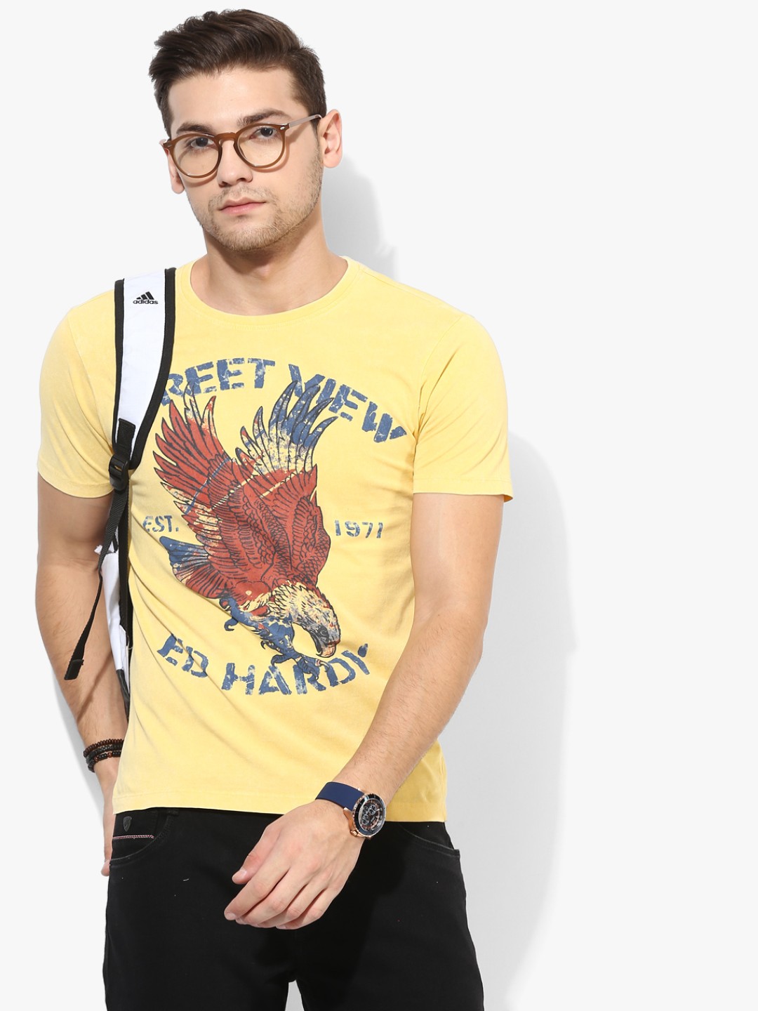 

Ed Hardy Men Yellow Slim Fit Printed Round Neck Pure Cotton T-shirt