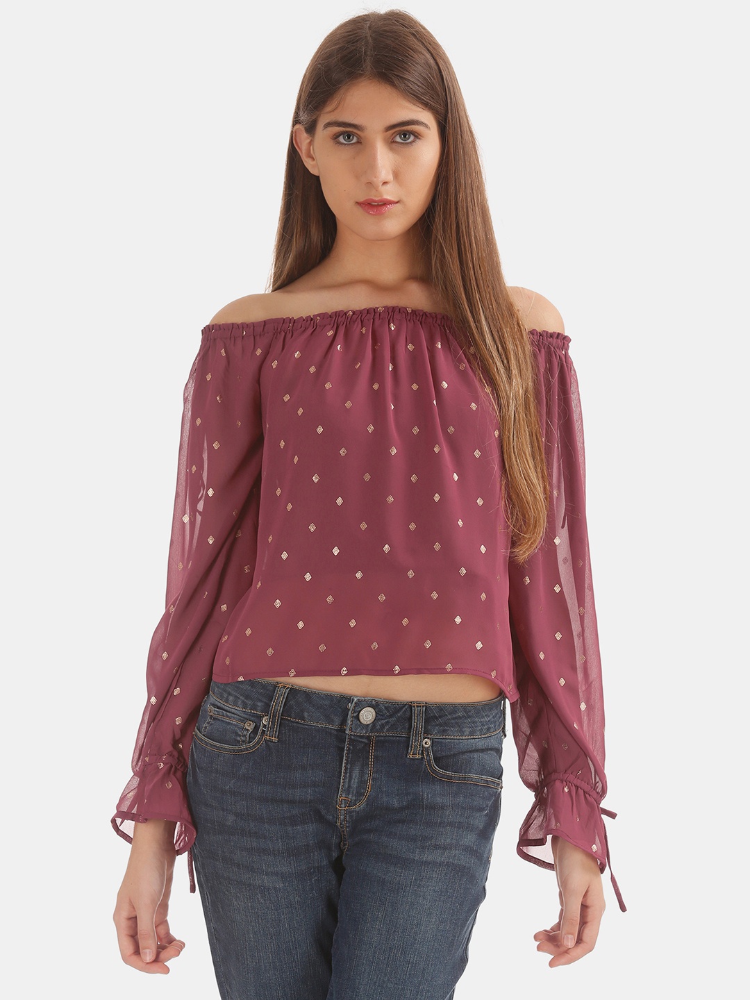 

Aeropostale Women Maroon & Gold-Toned Printed Off-Shoulder Top