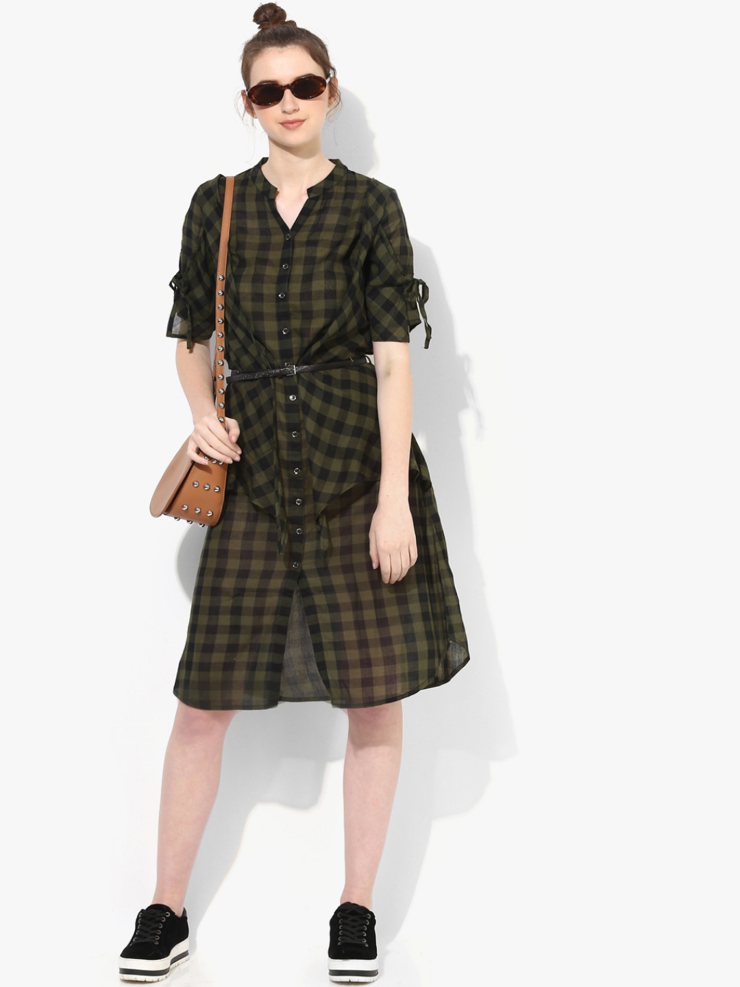 

Deal Jeans Women Olive Green Checked A-Line Dress