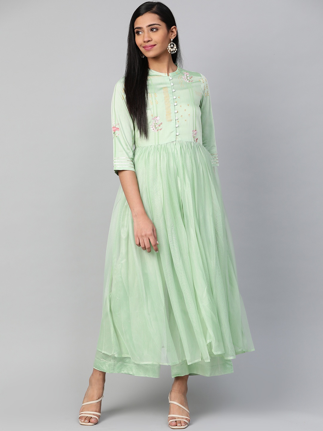 

W Women Green Solid Anarkali Kurta with Palazzos, Sea green