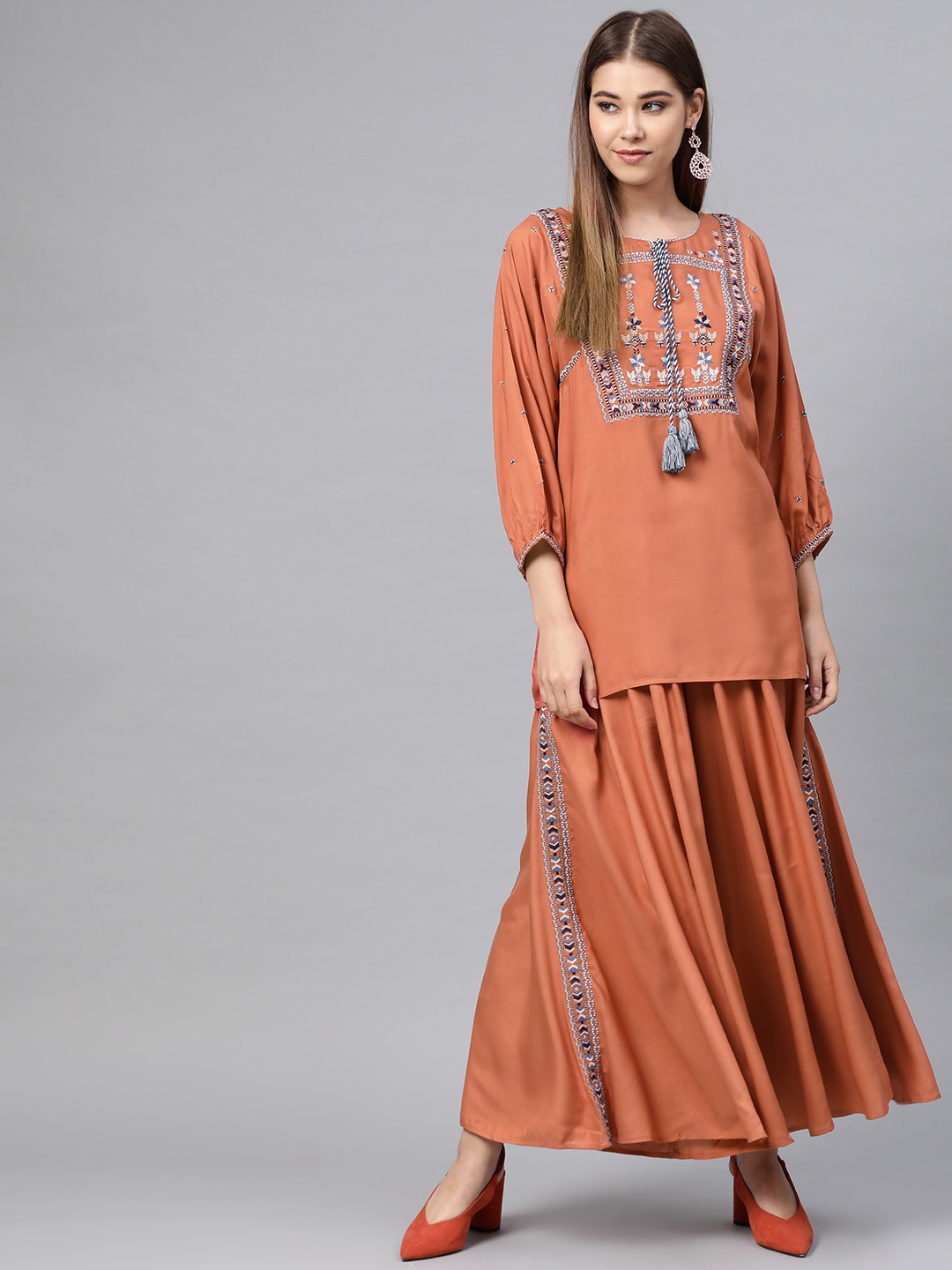 

W Women Rust Orange & Blue Embroidered Yoke Design Kurti with Palazzos