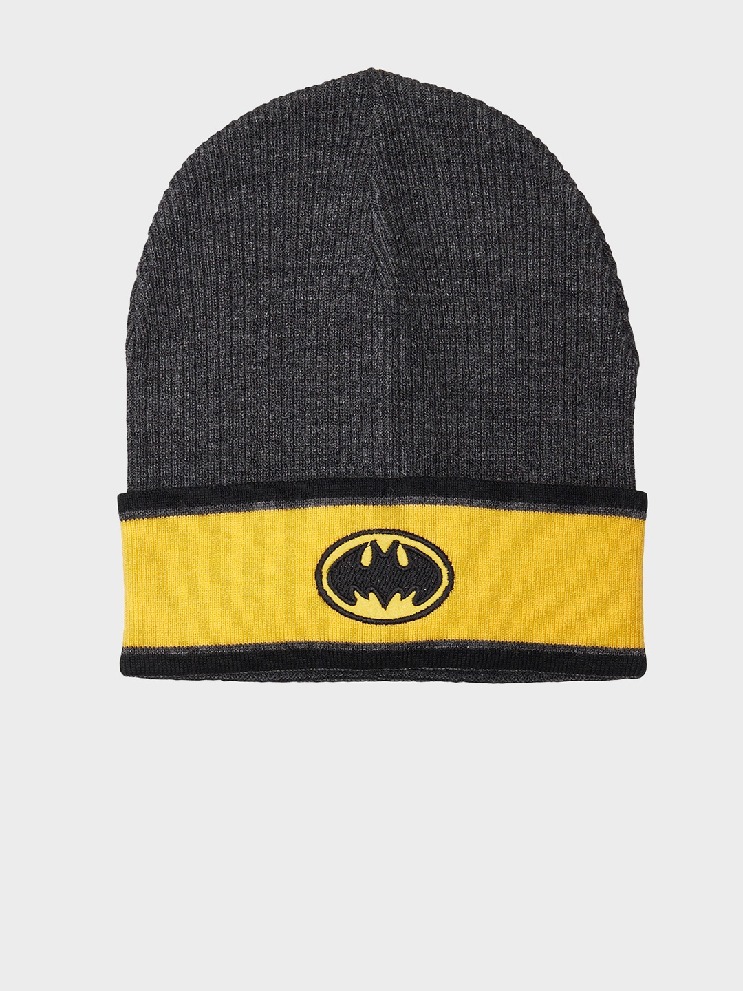 

Kids Ville Boys Charcoal Grey & Yellow Colourblocked Beanie with Batman Embroidered Detail