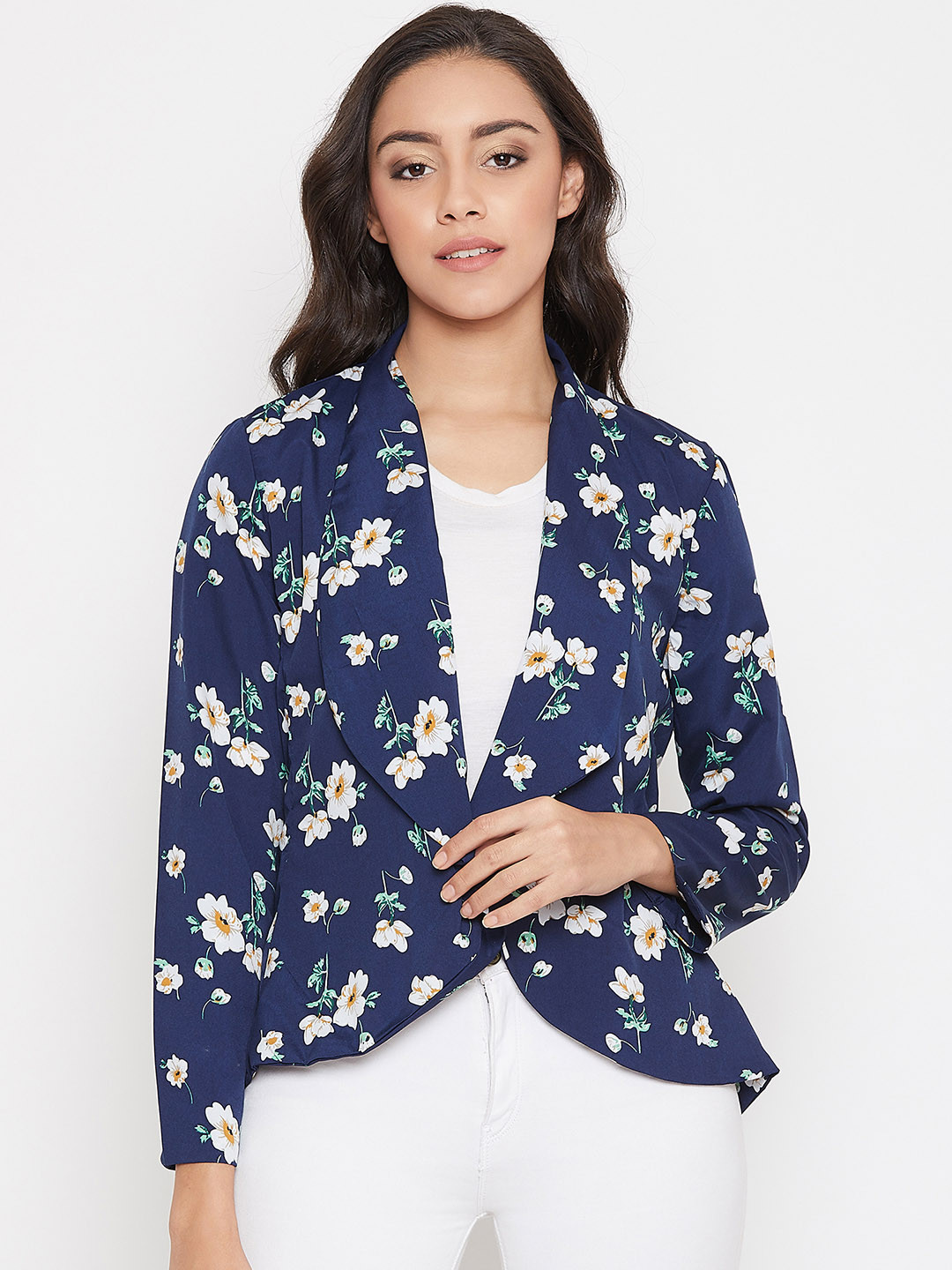 

PURYS Women Navy Blue & White Printed Single-Breasted Casual Blazer