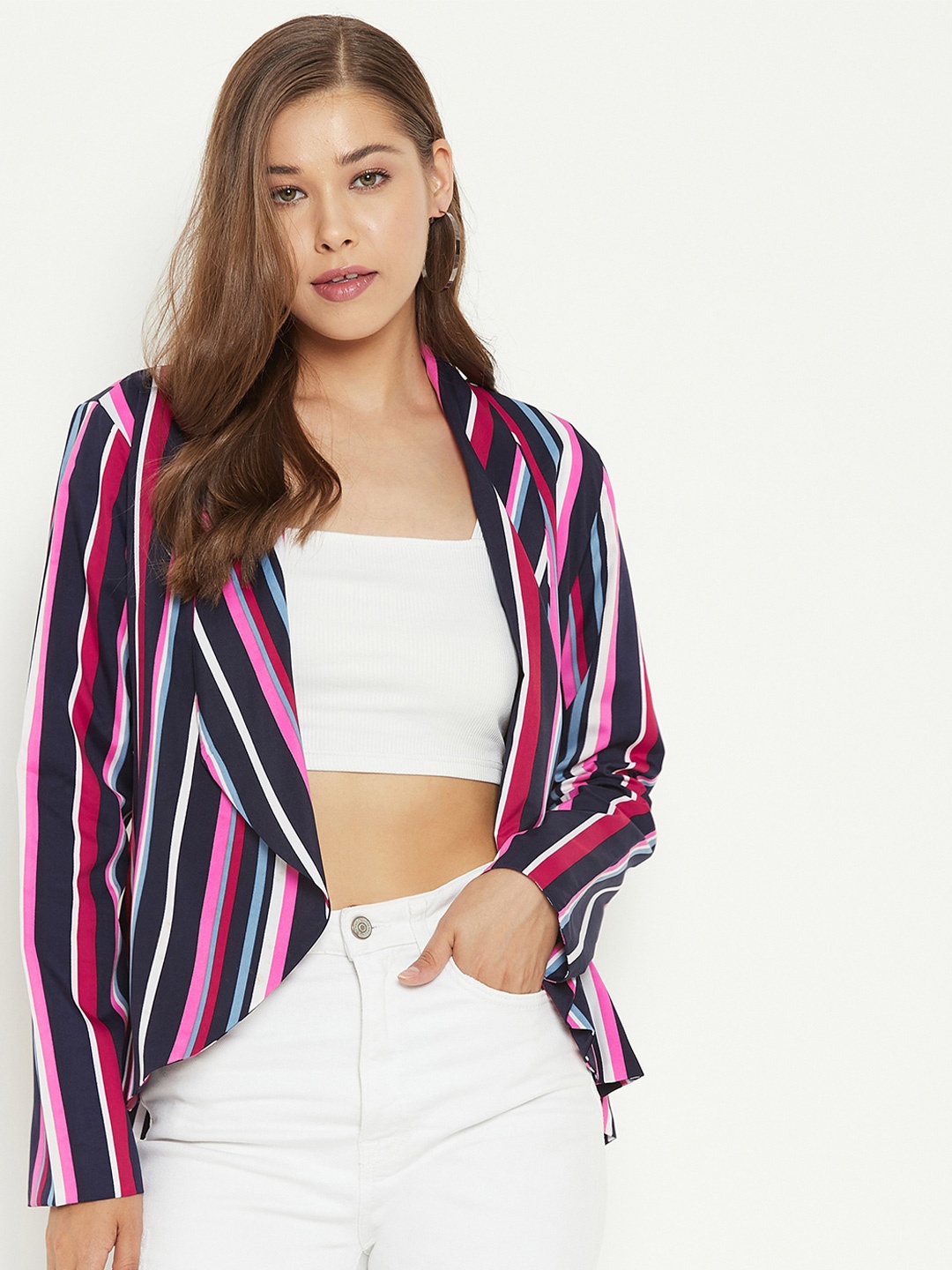 

PURYS Women Navy Blue & Pink Striped Front-Open Casual Blazer