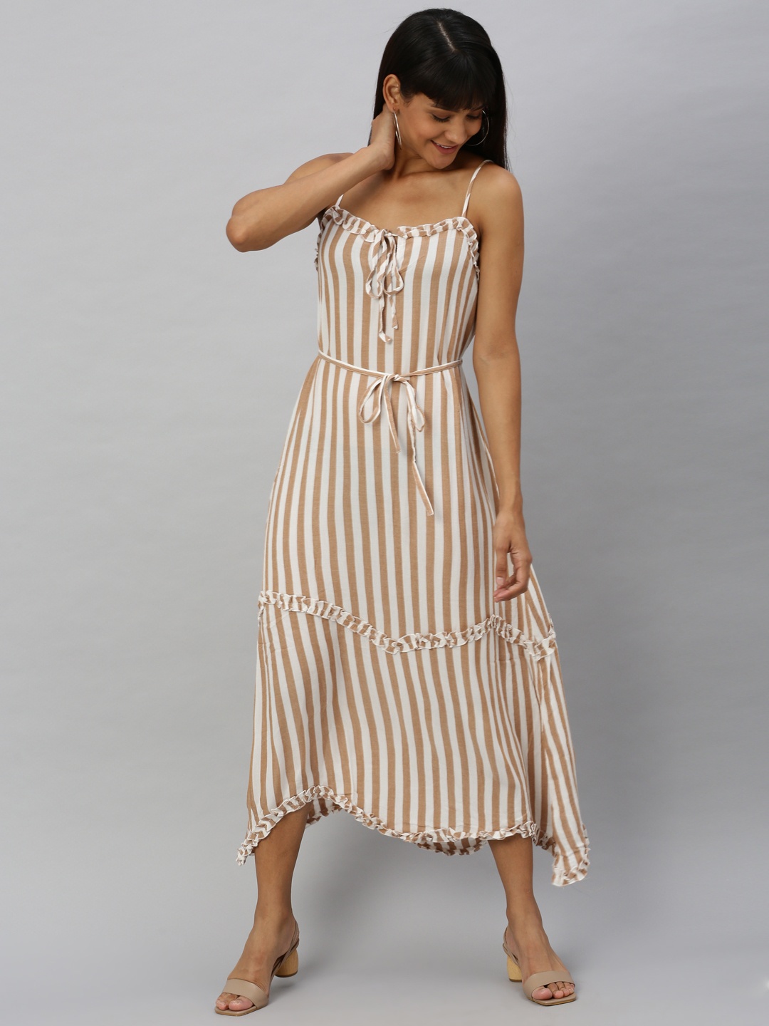 

Vero Moda Women White & Beige Striped Fit and Flare Dress with Ruffles