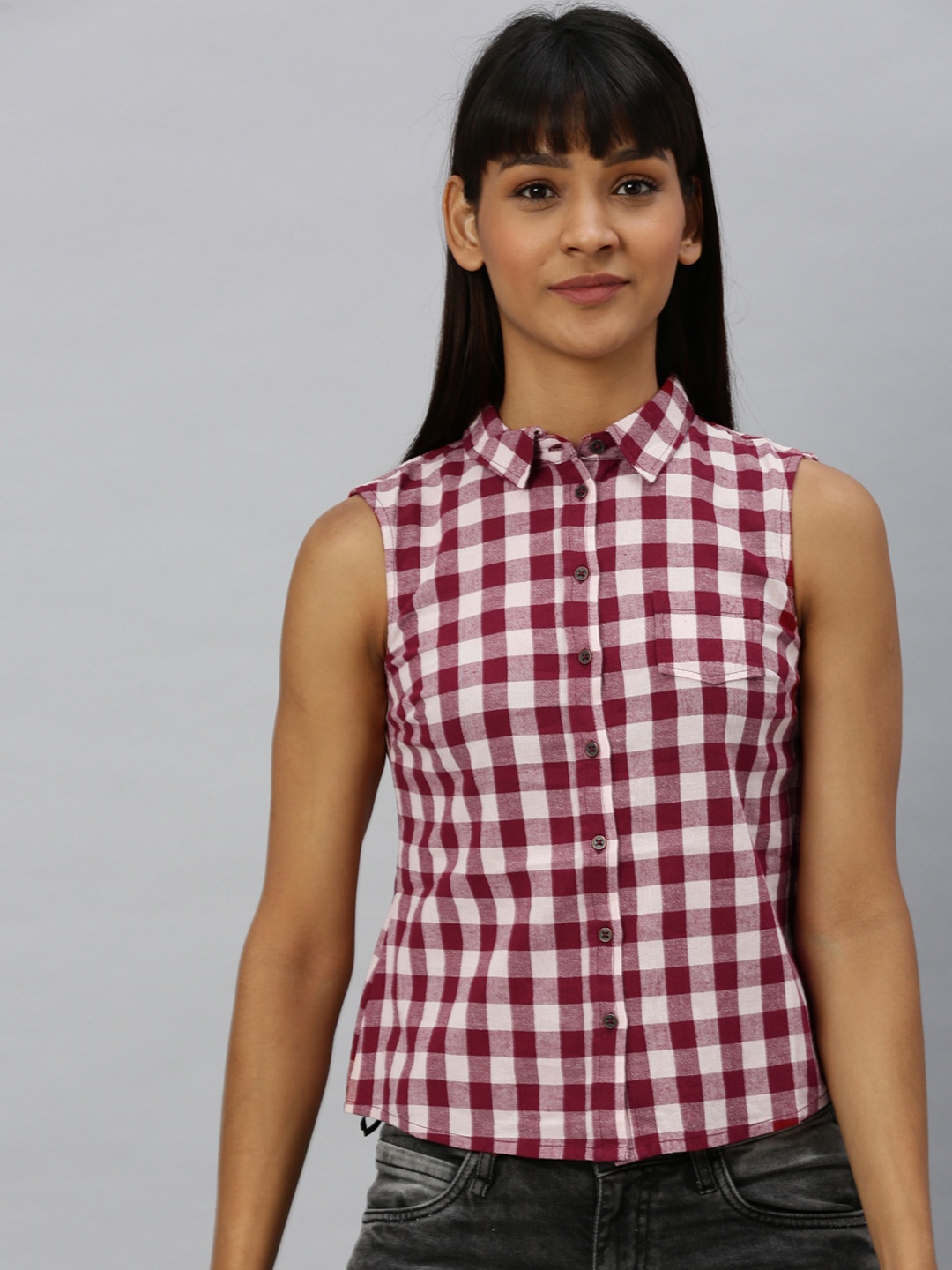 

Vero Moda Women White & Maroon Checked Shirt Style Pure Cotton Top with Back Slit