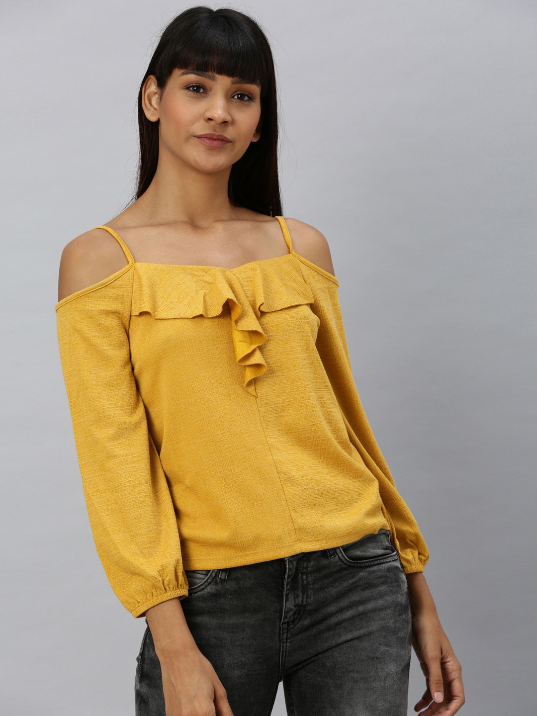 

Vero Moda Women Mustard Yellow Solid Bardot Top with Ruffles