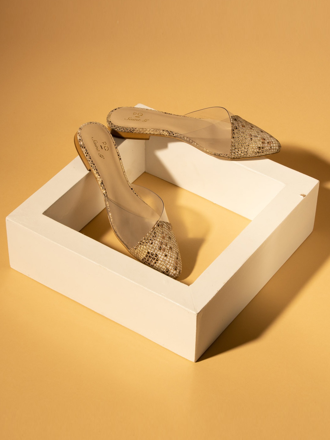 

Saint G Women Beige & Grey Python Skin Printed Leather Mules