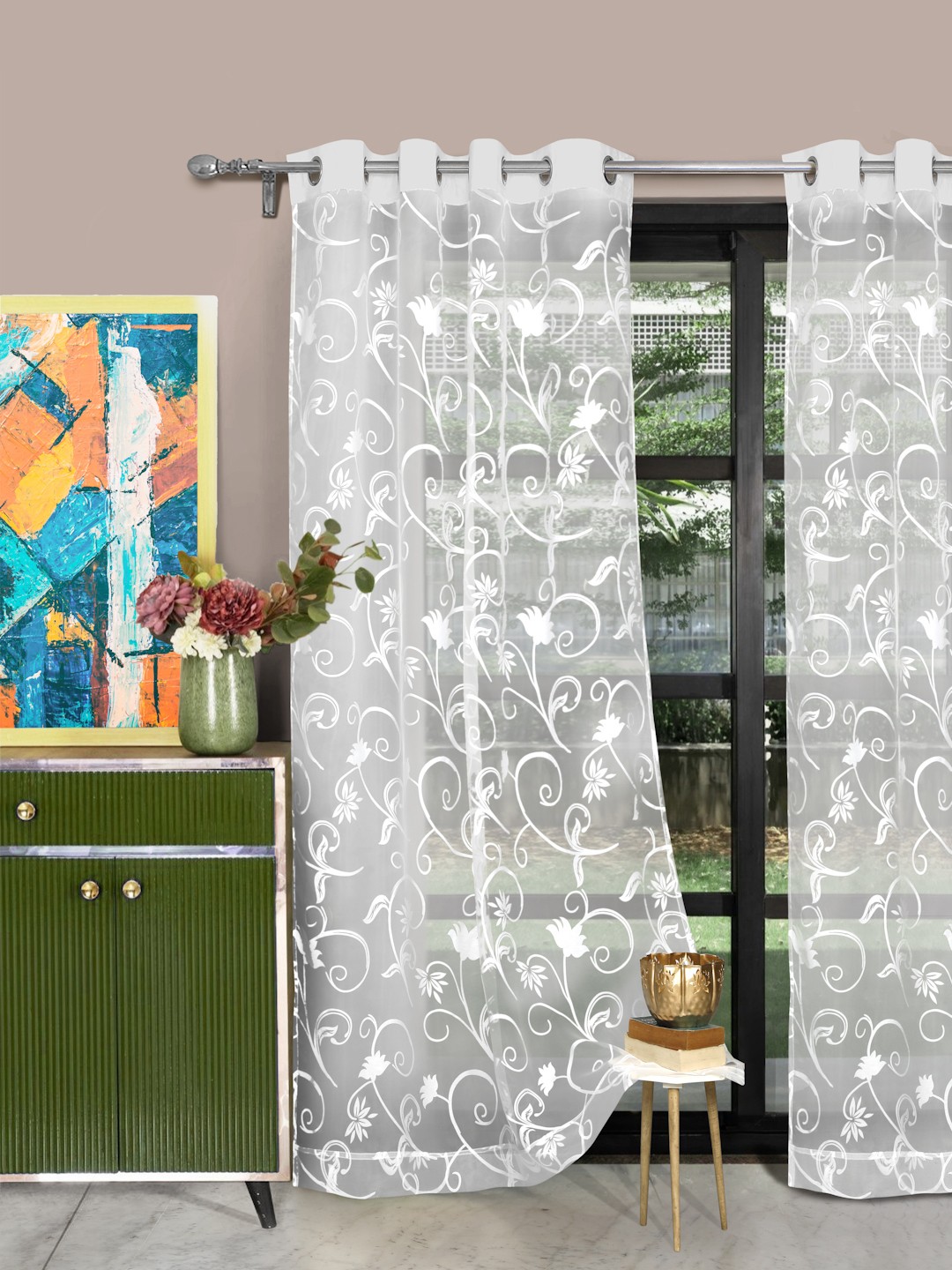 

ROSARA HOME White Set of 2 Floral Sheer Door Curtains