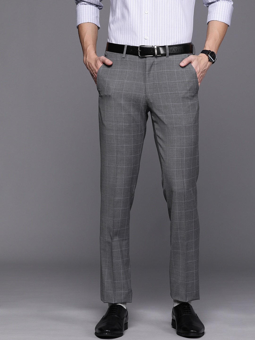 

Louis Philippe Men Grey & Blue Slim Fit Checked Formal Trousers