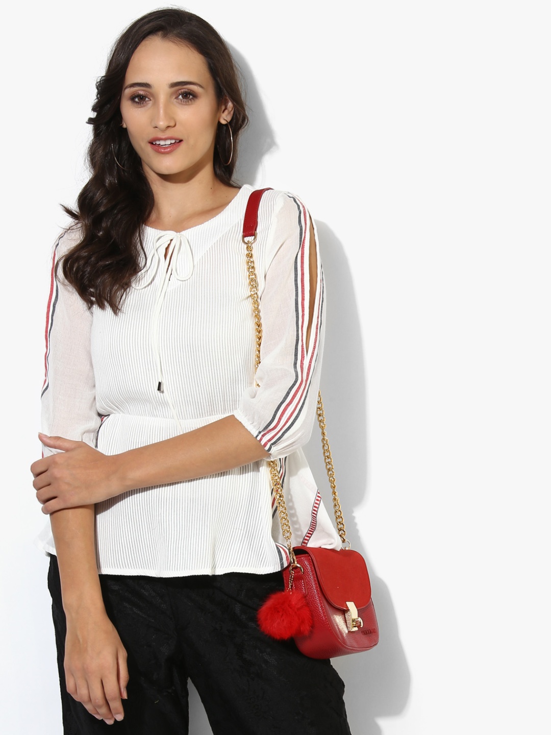 

MIAMINX Women White Striped Cinched Waist Top