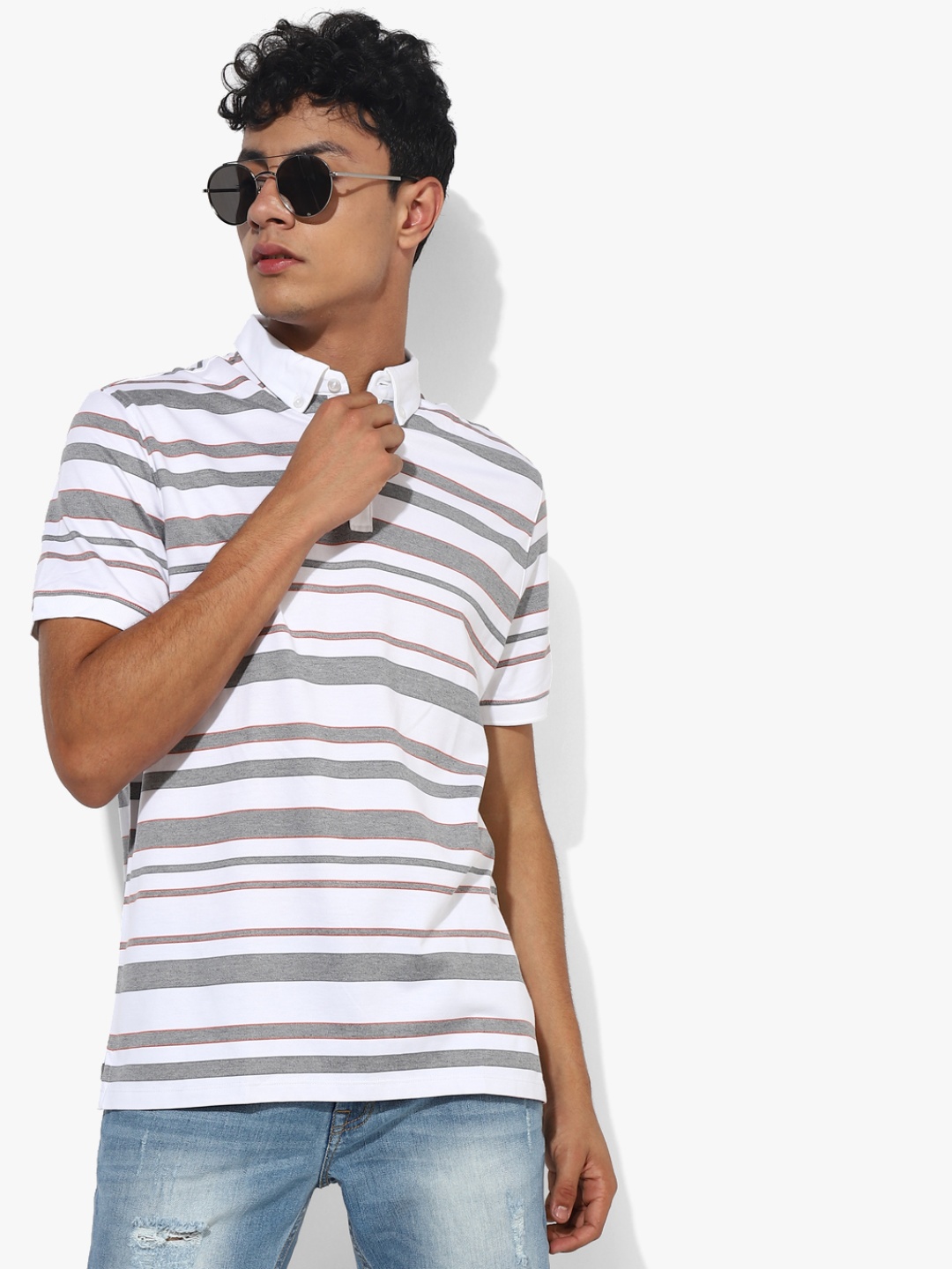 

Calvin Klein Jeans Men White & Grey Striped Polo Collar T-shirt