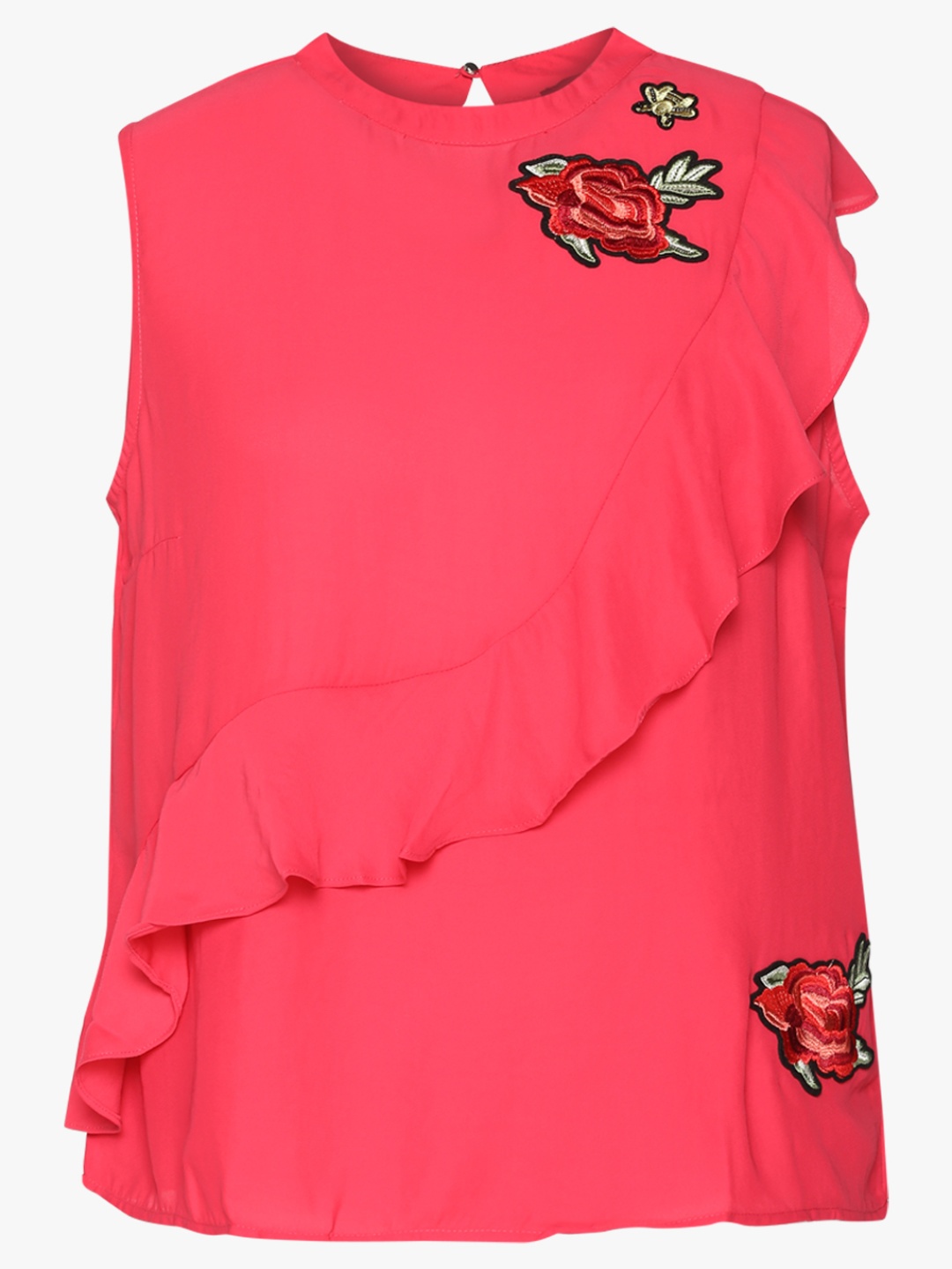 

Madame Women Fuchsia Pink Ruffled Top With Embroidery