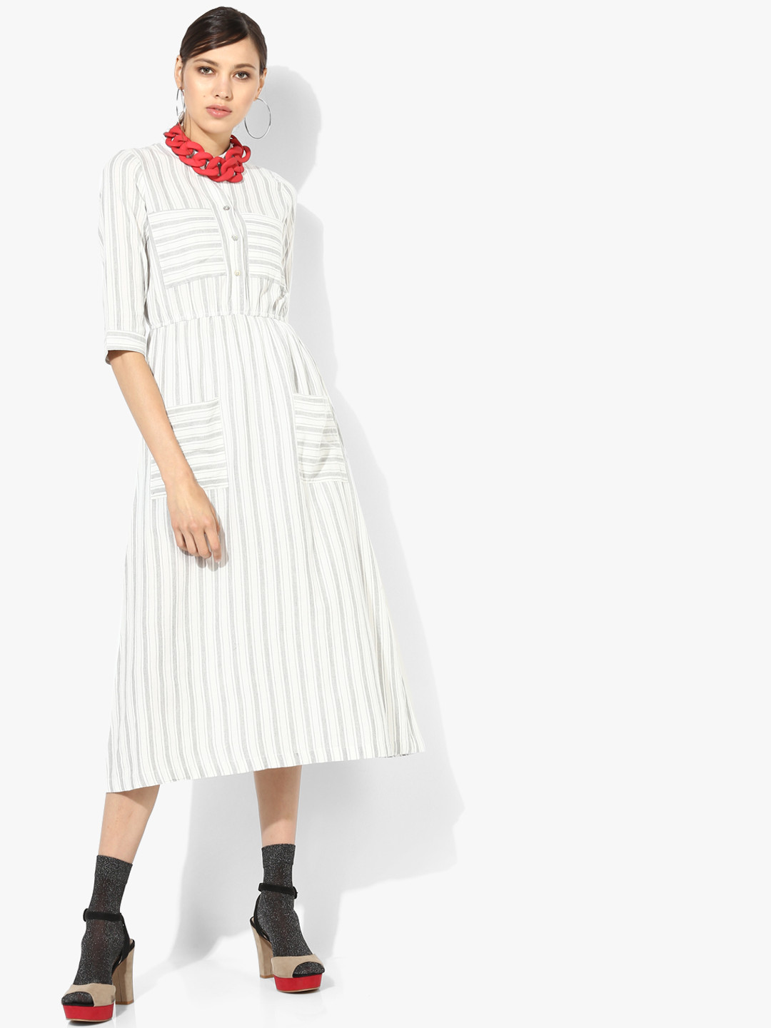 

MIAMINX Women Cream-Coloured & Grey Striped A-Line Dress