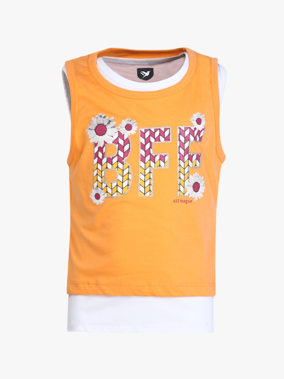 

612 league Girls Orange Printed Round Neck T-shirt