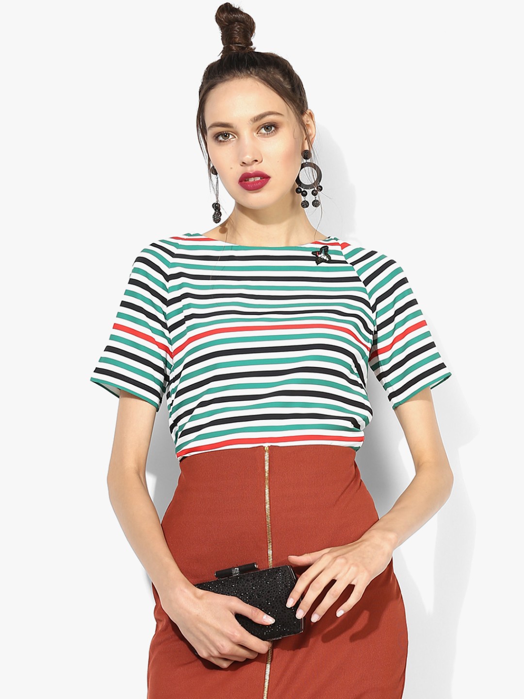 

Madame Women Sea Green & Black Striped Knitted Top