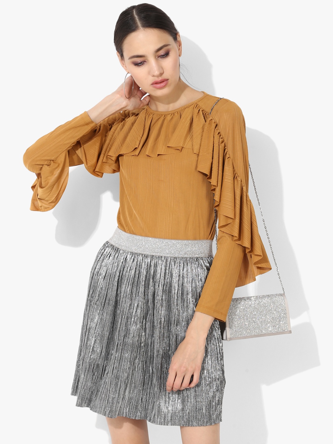 

Madame Women Tan Brown Self Design Blouson Top