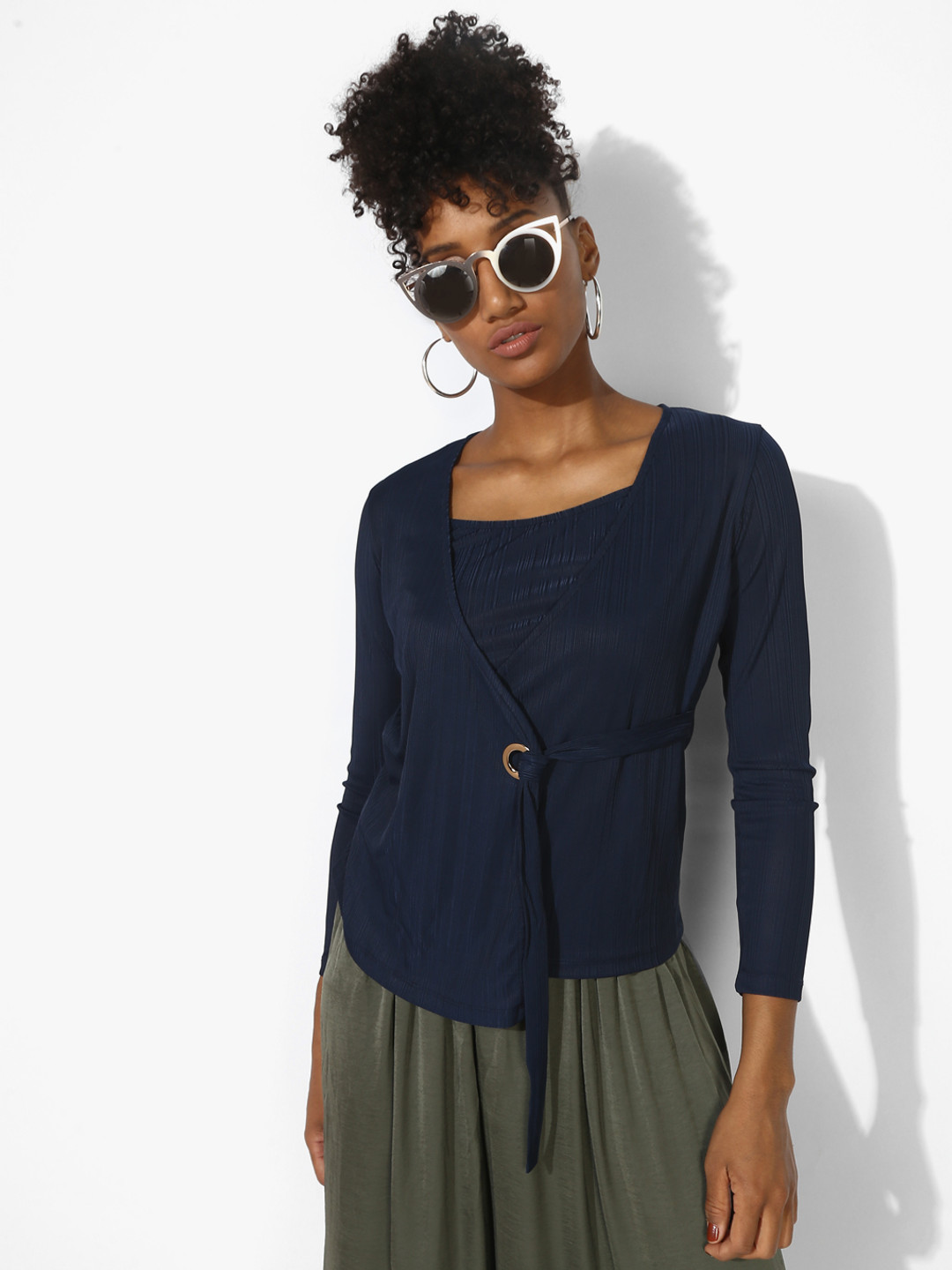 

Madame Women Navy Blue Self Design Top With Tie-Up