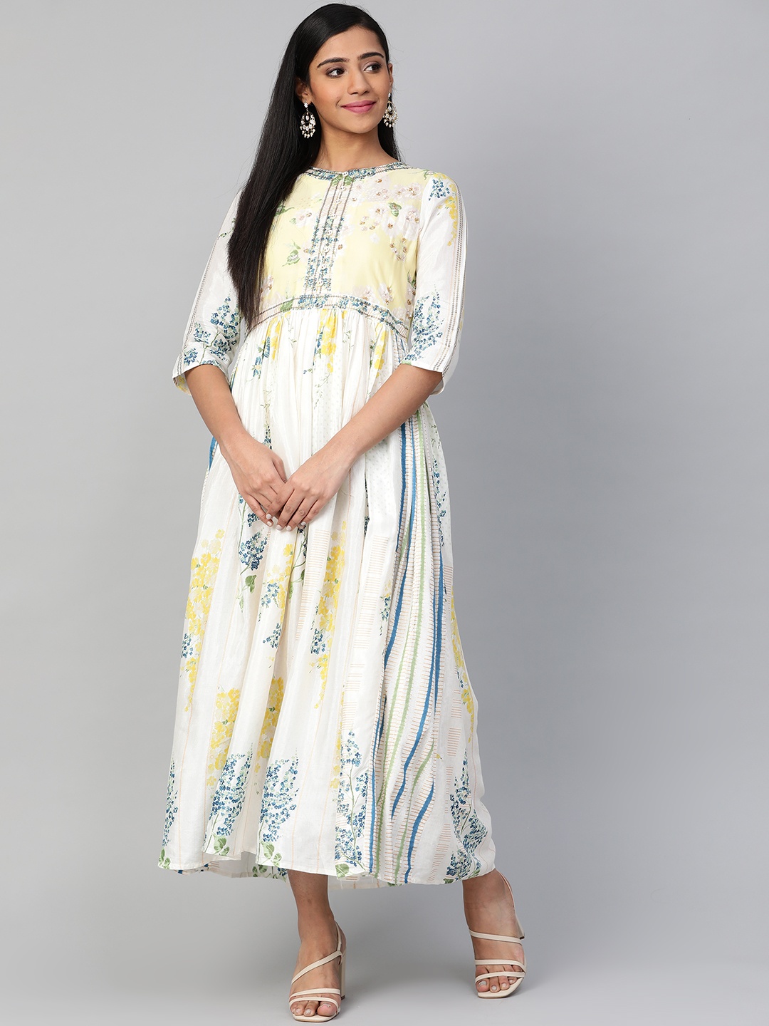 

W Women White & Blue Satin Finish Floral Print A-line Maxi Dress