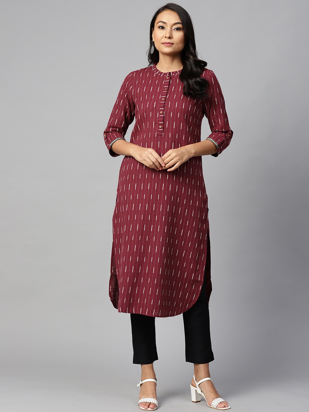 

W Women Burgundy & Off-White Self-Striped Straight Kurta