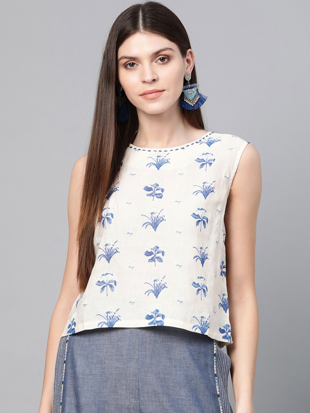 

W Women Off-White & Blue Printed Pure Cotton Top