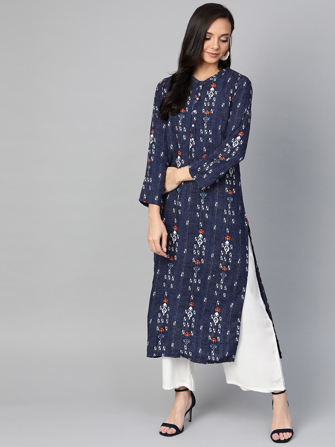 

W Women Navy Blue & White Printed Straight Kurta